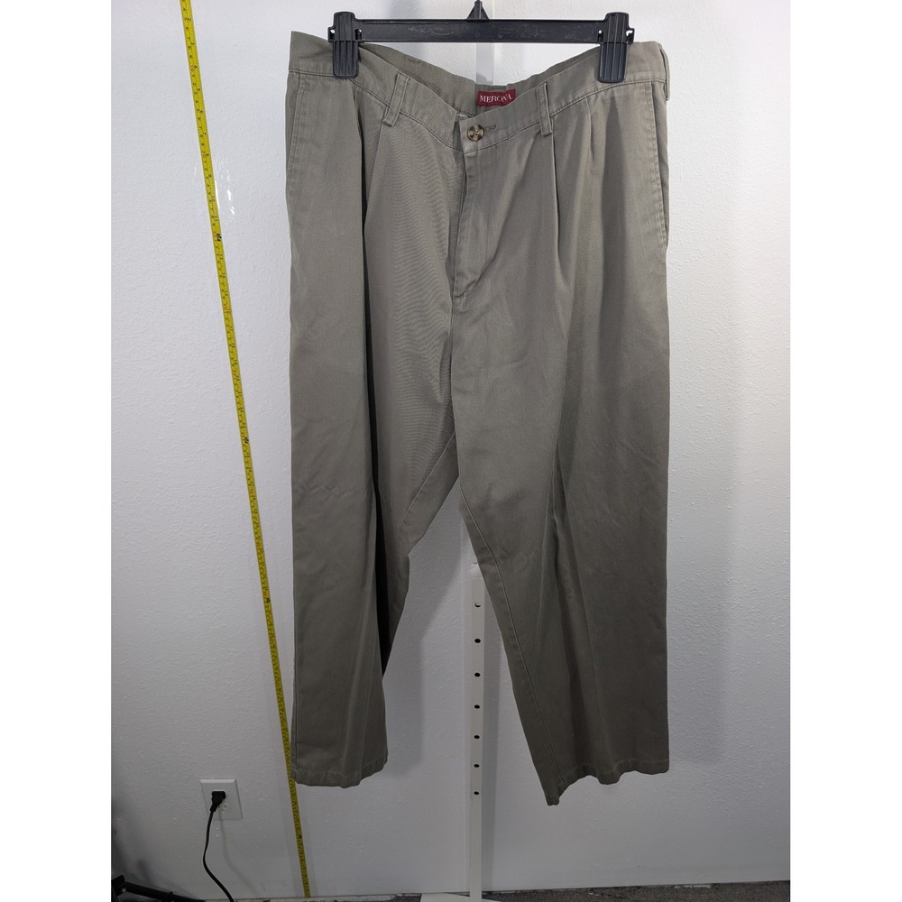 Merona Mens Pleated Chino Pants 36x30 Olive Green Khaki Cotton Blend‎ Trousers